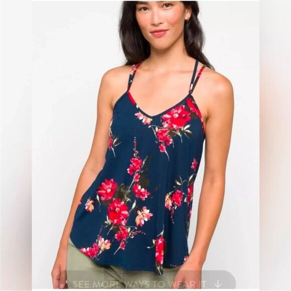 Papermoon Tank Top Womens Plus 2X Basima Blue Red Floral Strappy Tropical Beachy - Picture 1 of 7